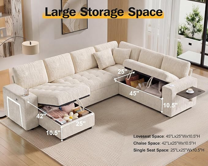 Vipbear 111" Modular Sectional Sleeper Sofa with Pull Out Bed, 7 Seat Chenille L Shaped Couch with Storage Chaise|USB Ports|Cup Holders|Side Table|LED Light, Tool Free Assembly, Beige