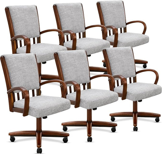 Chromcraft Birchbrook Haze Swivel Dining Chairs with Casters, Set of 6 – Luxury Upholstered Kitchen & Dining Room Chairs with Arms, Ergonomic Tilt & Swivel Comfort - CM1777