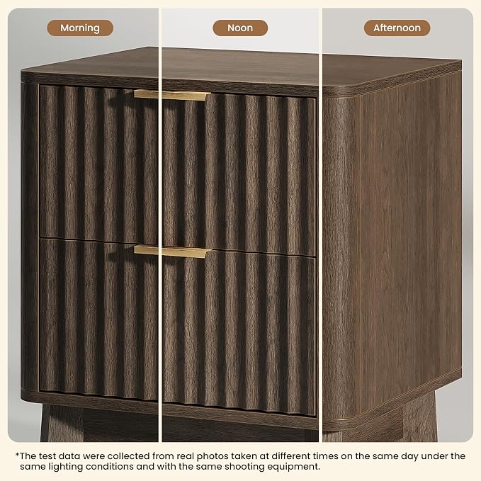 Fluted Nightstand Set of 2, Modern End Table with Metal Handle,2 Storage Drawers Side Table,Bedside Table for Bedroom,Wood Nightstands,Curved Profile Design Furnitue, Walnut