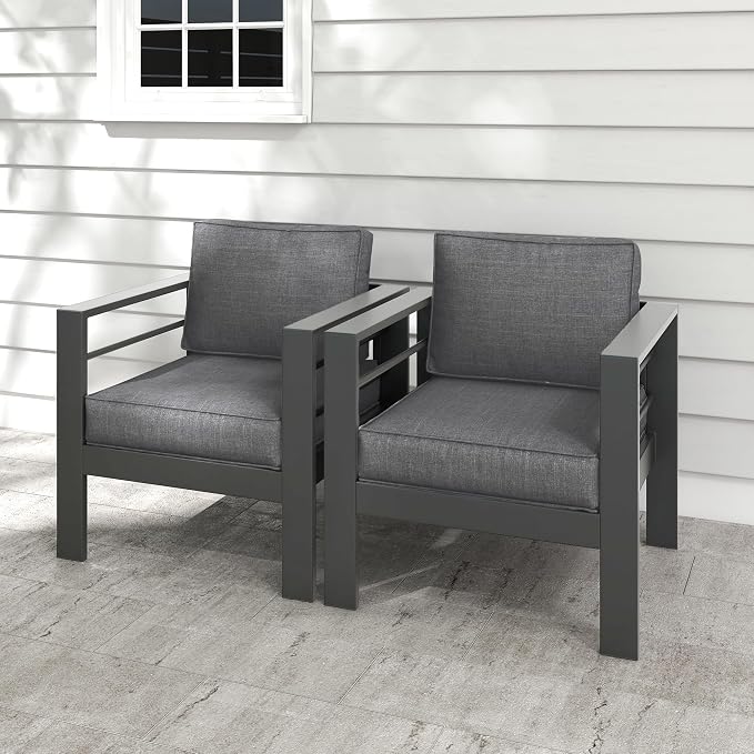 Kiss the Water 2 PCS Aluminum Outdoor Patio Sofa Set, All Weather Rust-Proof Metal Patio Couch, Modern Outdoor Furniture for Backyard Porch Garden, 5" Thick Waterproof Olefin Cushions, Light Grey