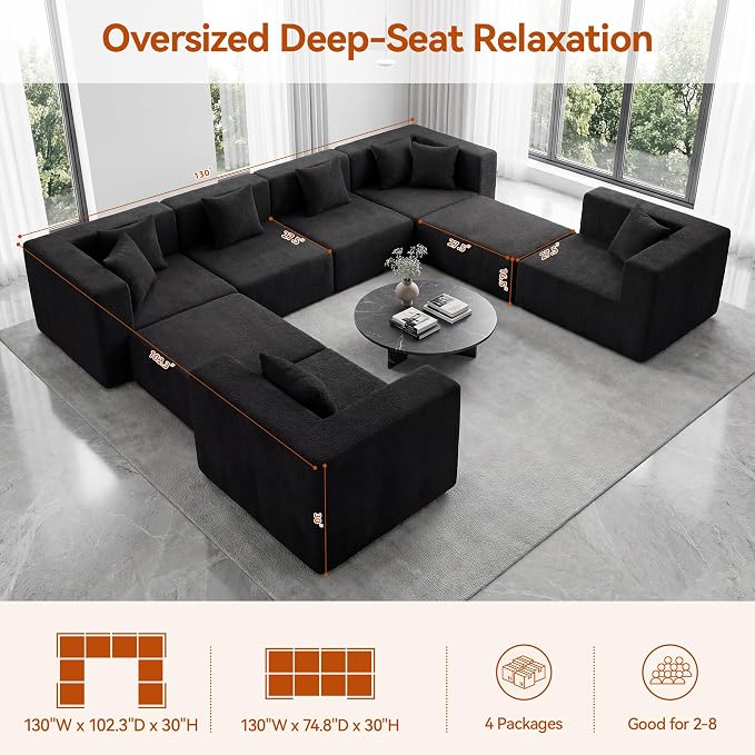 MONVANE Modular Sectional Sofa, Oversized 8 Seat Convertible U Shaped Couch with Ottoman, Comfy Teddy Velvet Cloud Couch with Deep Seat, Sectional Couches for Living Room, No Assembly Required, Black
