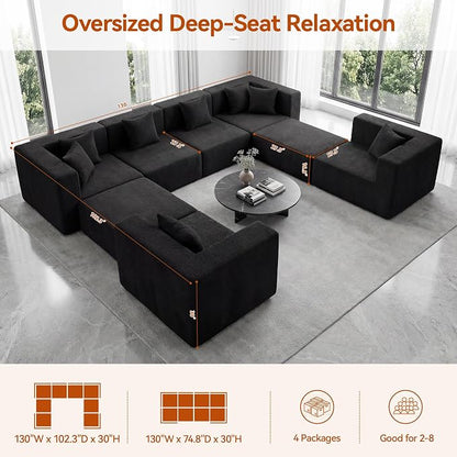 MONVANE Modular Sectional Sofa, Oversized 8 Seat Convertible U Shaped Couch with Ottoman, Comfy Teddy Velvet Cloud Couch with Deep Seat, Sectional Couches for Living Room, No Assembly Required, Black