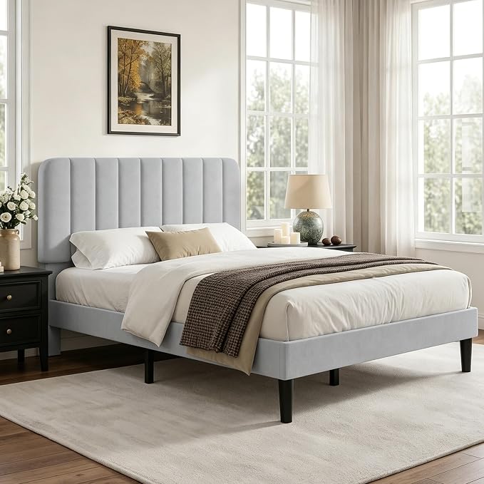 VECELO Queen Size Bed Frame with Upholstered Headboard, Velvet Platform Bedframe Mattress Foundation, Strong Wood Slat Support, No Box Spring Needed,Light Grey