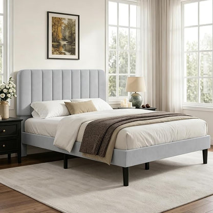 VECELO Queen Size Bed Frame with Upholstered Headboard, Velvet Platform Bedframe Mattress Foundation, Strong Wood Slat Support, No Box Spring Needed,Light Grey