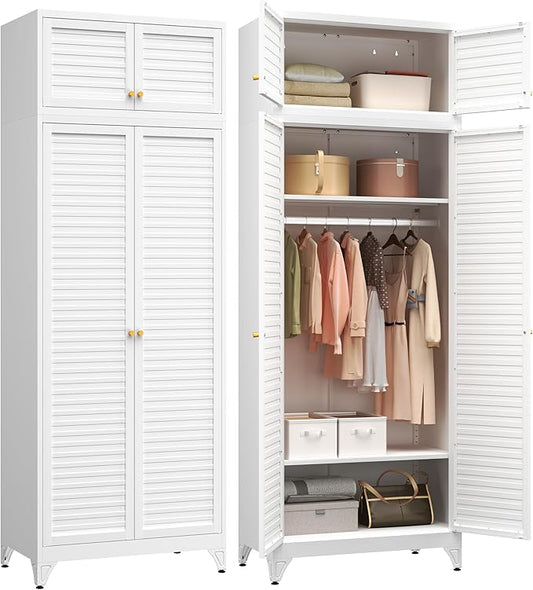 Polup Metal Armoire Wardrobe Closet, 86" Tall Wardrobe Armoire with Hanging Rod, Almirah for Clothes with Doors, 18" D x 32" W x 86" H, White, Assemble Required, Shipped in Two Packages