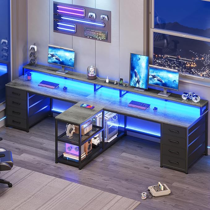 SEDETA 94.5" 2 Person Gaming Desk, Long Office Computer Desk with 8 Drawers & LED Lights, Two Person Desk with Storage, Power Strip & Monitor Stand for Home Office, Grey