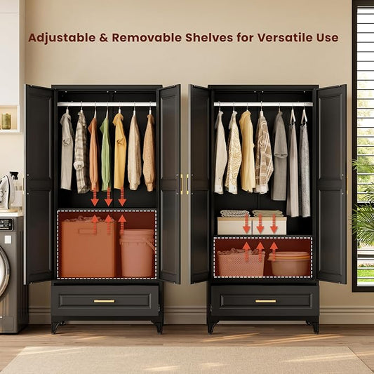 Metal Armoire Wardrobe Closet with Hanging Rod, 71" Tall Wardrobe Cabinet with Doors and Adjustable Shelves, Clothing Storage Cabinets with Drawer for Bedroom