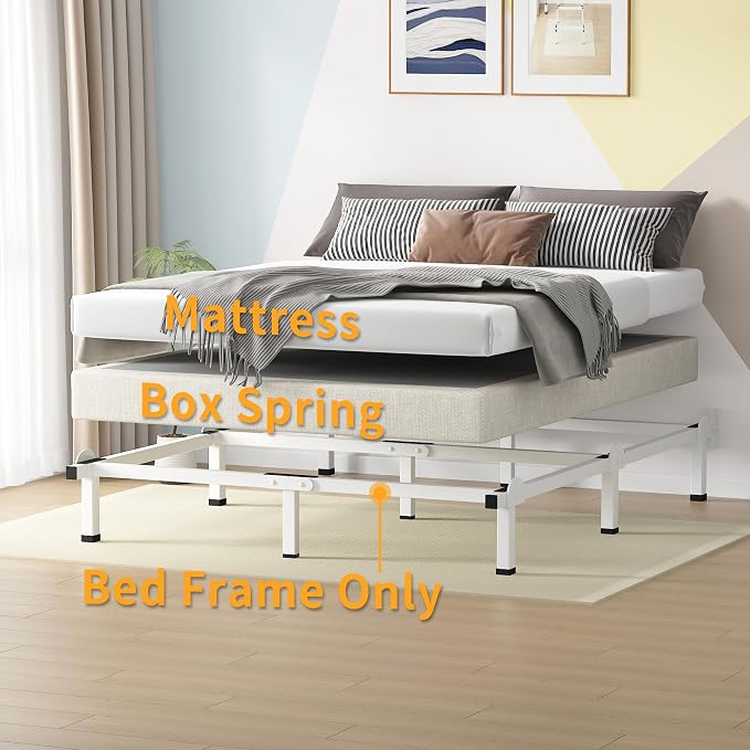 Superay Metal Bed Frame, 9-Leg Bed Base, 8 inches Support for Box Spring and Mattress Set, California King, Easy Assembly, White