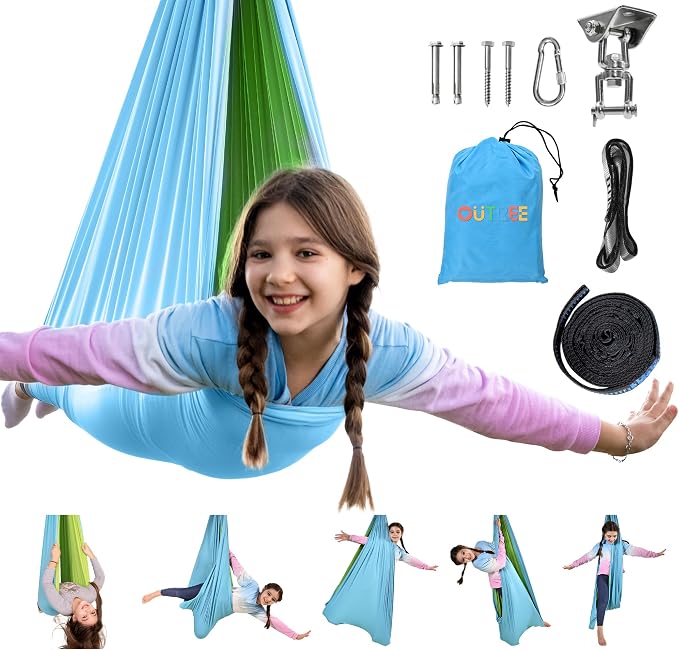 OUTREE Sensory Swing, Double Layer Therapy Swing with 360° Swivel Hanger, Healing & Relaxing Cuddle Sensory Swing for Kids and Adults with Autism, ADHD, Sensory Processing Disorder(Blue and Green)