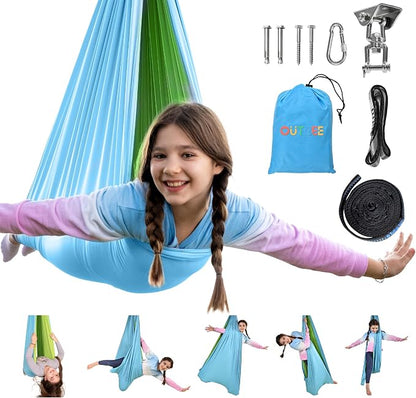 OUTREE Sensory Swing, Double Layer Therapy Swing with 360° Swivel Hanger, Healing & Relaxing Cuddle Sensory Swing for Kids and Adults with Autism, ADHD, Sensory Processing Disorder(Blue and Green)