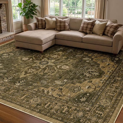 RELEANY Area Rugs 7'x9' Washable Non-Slip, Floral Vintage Distress Medallion Carpet for Living Room Bedroom Dining Room, Brown Dark Brown