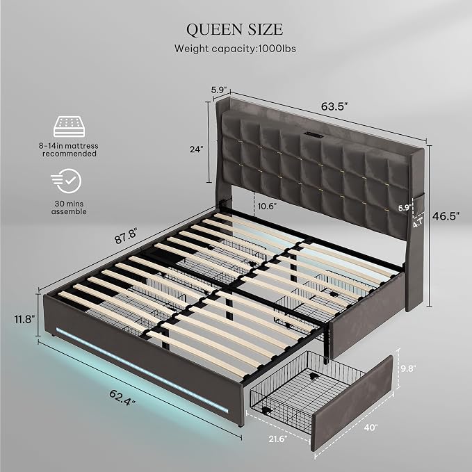 YITAHOME Queen Size Bed Frame with 4 Drawers and RGB LED Lights, Velvet Upholstered Platform Bed with Charging Station and Storage Headboard, No Box Spring Needed, Easy Assembly, Noise-Free, Dark Grey