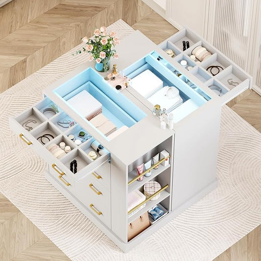 Closet Island with Open Shelves, Modern Glass Top Dresser with LED Lights, Tall Chest of Drawers with Jewelry Organizer for Bedroom,Living Room, Bedroom, Hallway, Entryway, White