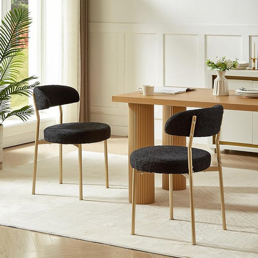 SoarFlash Dining Chairs, Black Boucle Dining Chairs Set of 2, Kitchen Dining Room Chairs Curved Backrest Upholstered Mid Century Modern Chairs with Golden Metal Legs