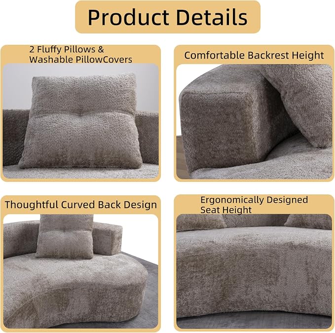 80'' Curved Loveseat Sofa Couch for Living Room, Deep Seat Cloud Boneless Floor Couch with 2 Throw Pillows, Comfy Chenille Floor Sofa, Modern Round Loveseat Sofa for Small Space (Camel, 80 Inch)