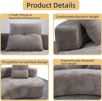 80'' Curved Loveseat Sofa Couch for Living Room, Deep Seat Cloud Boneless Floor Couch with 2 Throw Pillows, Comfy Chenille Floor Sofa, Modern Round Loveseat Sofa for Small Space (Camel, 80 Inch)