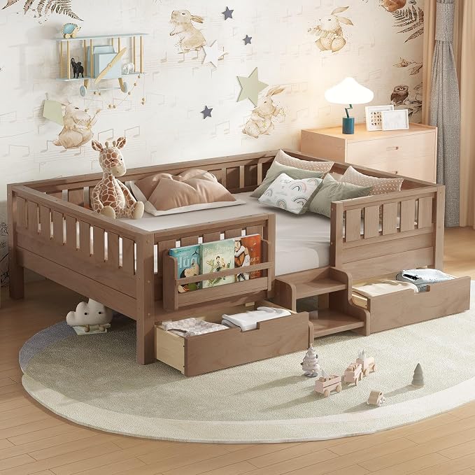 Bellemave Full Floor Bed with Stairs, Rails and Slats, Full Size Montessori Floor Bed with Bookshelf and 2 Storage Drawers, Easy Assemble Montessori Beds Frame for Girls, Boys, Natural