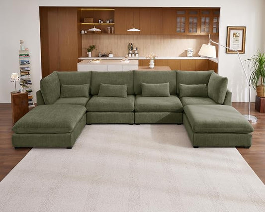 154" Oversized Chenille Couch Modular Sectional Sofa, Washable Cloud Couch Sectional with 2 Ottoman, 6 Seater Sectional Couches for Living Room, Fully Cover Removable, U Shaped, Chenille, Green