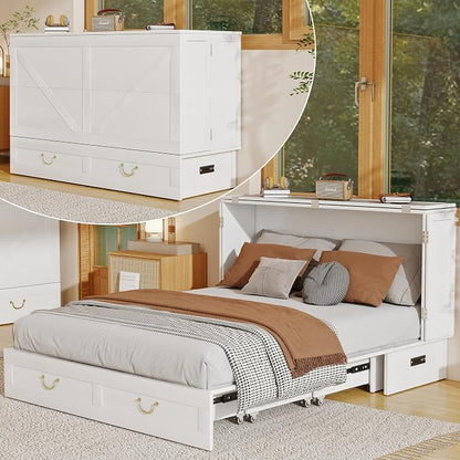Solid Wood Murphy Bed Cabinet：Queen Size Murphy Bed with USB Charging Station and Large Storage Drawer for Home，Optimize Sleeping Space（Mattress Not Included） White Brown-14