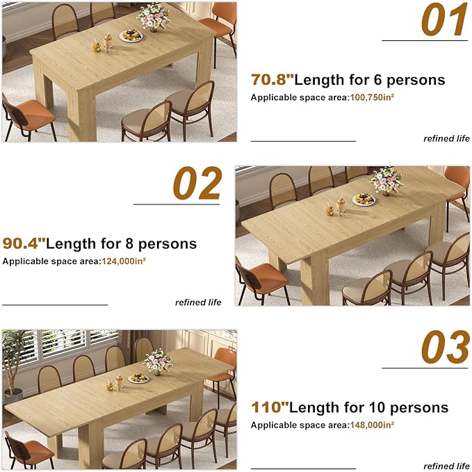 70.8"-110" Extendable Dining Table for 6-10 Person, Wooden Dining Room Table, Modern Extendable Table for Gatherings, Meeting for Small Kitchens, Dining Office Areas(Natural)