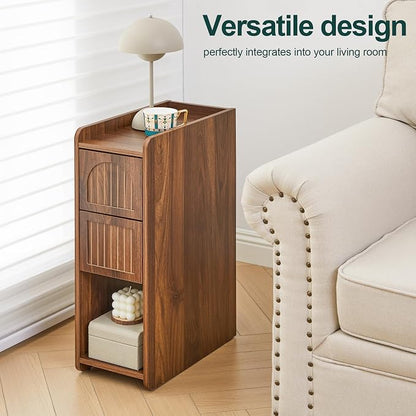 Narrow Nightstand Set of 2, Wooden Small 2 Drawer Nightstand, Slim Side End Table, Skinny Bedside Table, Mid Century Modern Night Stand with Drawers for Bedroom (Deep Walnut-2 pcs)