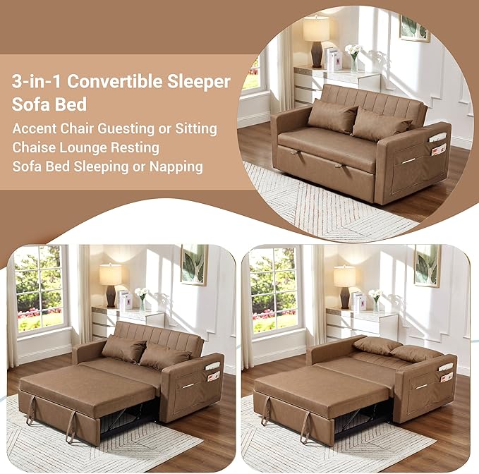 55'' Leather Sofa Bed, Pull Out Sleeper Sofa Couch Bed, Loveseat Sleeper, Futon Sofa Couch with Side Pocket, Convertible Sofa Bed for Living Room, Apartment, Bedroom, RV, Brown