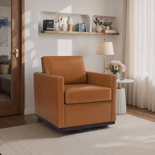 360° Swivel Accent Chair, 31" Wide Faux Leather Upholstered Club Armchairs for Living Room, Comfy Square Swivel Barrel Chair with Metal Base, Light Brown