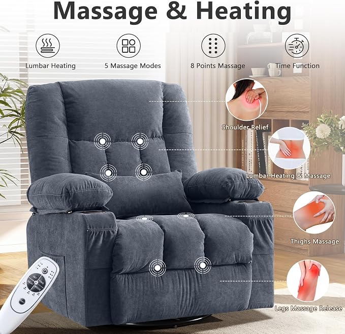 Swivel Rocker Recliner Chair with Vibration Massage and Heat Ergonomic Lounge Chair for Living Room with Rocking Function and Side Pocket, 2 Cup Holders, USB Charge Port