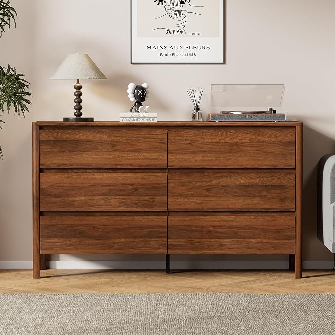 Furniway 55" Mid-Century Modern Dresser for Bedroom, 6 Drawer Wide Chest of Drawers with Wood Legs, Large Storage Bedroom Dresser, Walnut