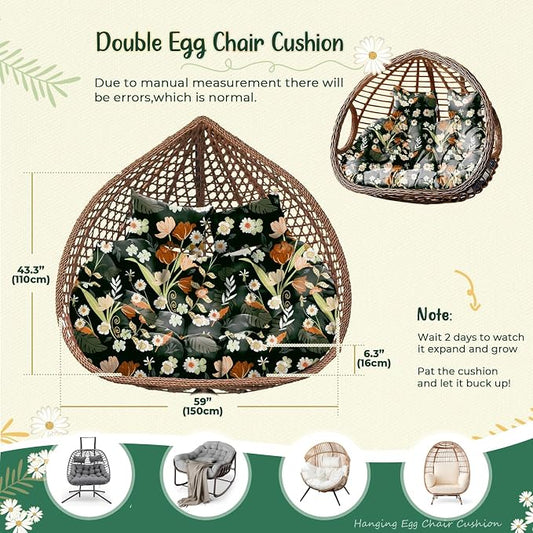 Double Egg Chair Cushion Replacement Waterproof for Outdoor Patio Hanging Basket Egg Chairs Cushion, 59x43-Inch Thickened Cotton Large Double Eggs Swing Chair Cushions, Black Peony