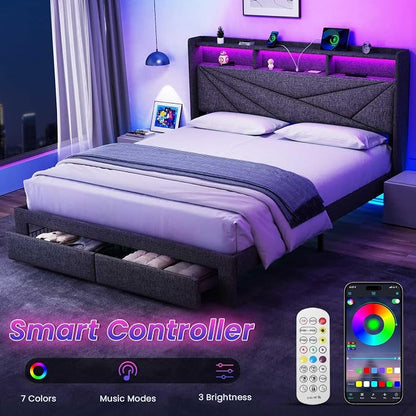 Driftalia LED King Size Bed Frame with 2 Storage Drawers, Upholstered King Bed Frame with Headboard and Charging Station, No Box Spring Needed, Easy to Assembly-Dark Grey