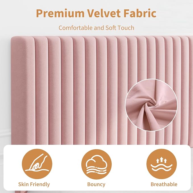 IDEALHOUSE Full Bed Frame with Adjustable Headboard, Velvet Upholstered Platform Bed Frame Full Size, Strong Wooden Slats, No Box Spring Needed, Easy Assembly, Pink
