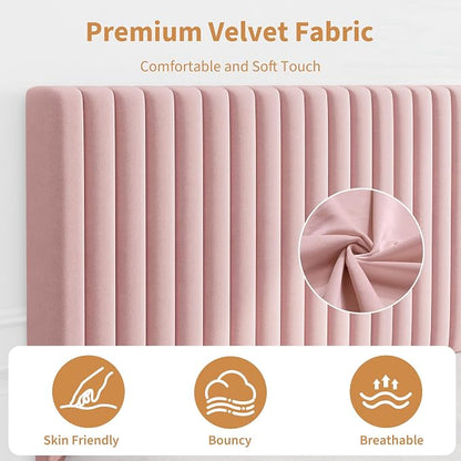 IDEALHOUSE Full Bed Frame with Adjustable Headboard, Velvet Upholstered Platform Bed Frame Full Size, Strong Wooden Slats, No Box Spring Needed, Easy Assembly, Pink