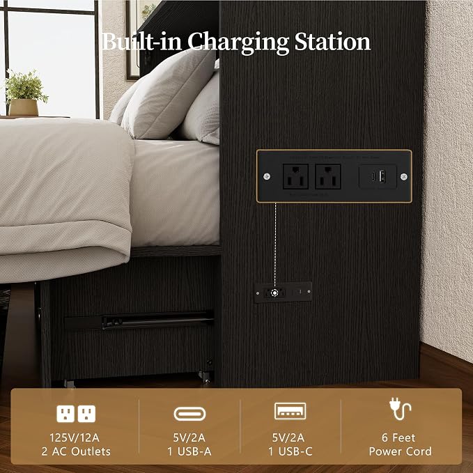 Ihanherry Full Murphy Bed with Storage Drawer, Farmhouse Cabinet Bed with LED Lights & Charging Station, Space Saving Wall Bed for Small Bedroom/Home Office, Noise Free & Easy Assembly, Rustic Black