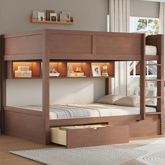 Wood Bunk Bed Full XL over Full XL Size with Built-in Storage Cabinets, 2 Drawers and LED Light, Versatile Bunk Bed Frame with Ladder and Guardrail for Kids Teens Adult, Maximize Space (Brown-1.13)