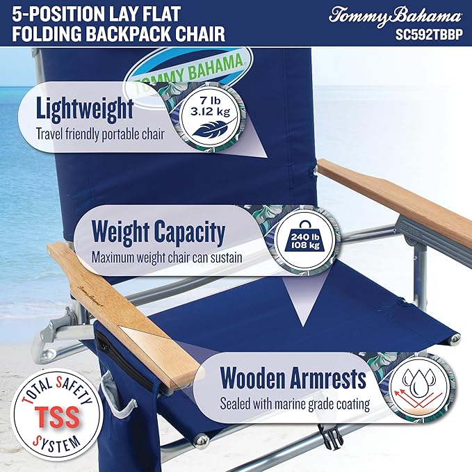 Tommy Bahama 2-Pack 5-Position Classic Lay Flat Backpack Beach Chair with Cooler and Cup Holder, Portable Folding Beach Chair for Tanning, Red/White/Blue