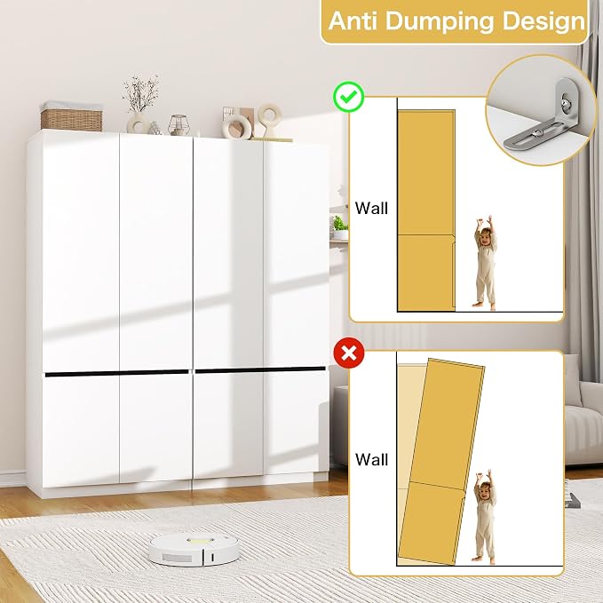 White Armoire Wardrobe Closet: 74" Wooden Wardrobe Closet with 4 Doors, Bedroom Armoires with Hanging Rod, Tall Closets Cabinet for Hanging Clothes (63")