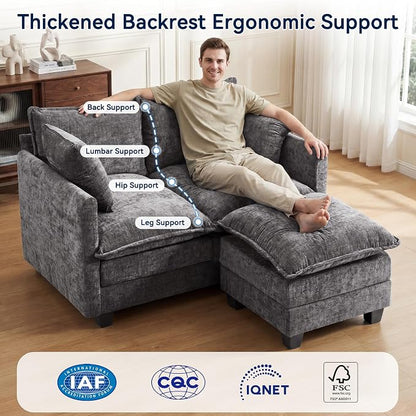L-Shape Loveseat Sofa Couch with Ottoman, Small 50" Love Seat 27" Deep Cloud Sofa Washable Chenille Pillow for Apartment Bedroom Dorm Attic Studio Office Living Room Small Space 8833-GREY-L