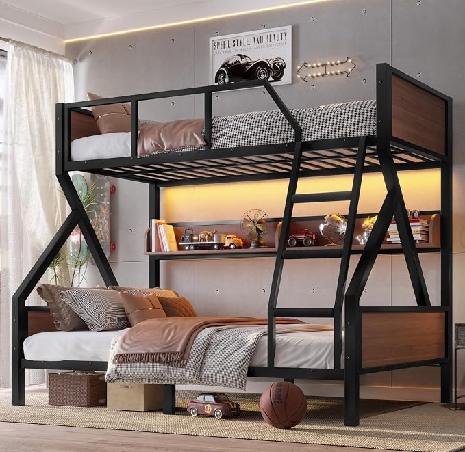 KEIKI Twin Over Full Bunk Bed, Heavy Duty Metal Bunkbed with Storage Shelves, Lights, Bottom Space & Guardrail for Aldults Dorm Bedroom Guest Room, No Box Spring Needed, Noise-Free Design