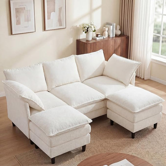 3 Seater U-Shape Couch Sofa with Ottomans, 69" Small Couch Modern Comfy Cloud Sofa with 23" Deep Washable Pillow ChenilleCover Couches for Living Room Bedroom Apartment Office 69-Beige-U