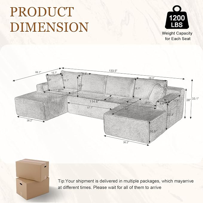 134 Inch Modular Sectional Sleeper Sofa, Boneless Cloud Couch for Living Room, U Shaped 5 Seat Sofa with 2 Storage Pockets& 2 Cup Holders, Free Combination, No Assembly Required