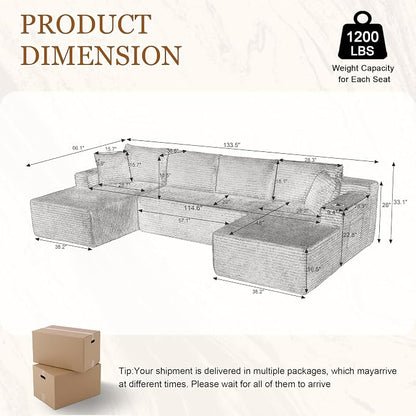134 Inch Modular Sectional Sleeper Sofa, Boneless Cloud Couch for Living Room, U Shaped 5 Seat Sofa with 2 Storage Pockets& 2 Cup Holders, Free Combination, No Assembly Required