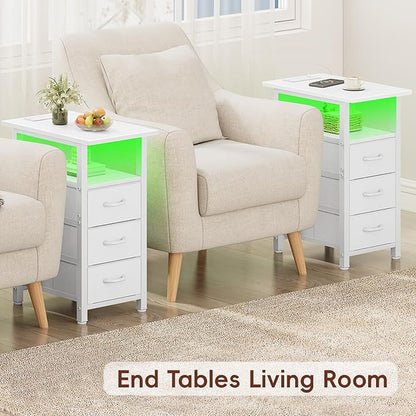 Vagusicc Set of 2 White Nightstand with Charging Station and LED Lights, Narrow End Table, LED Night Stand with 3 Fabric Drawers for Bedroom, Small Bedside Table, Narrow Side Table for Small Spaces