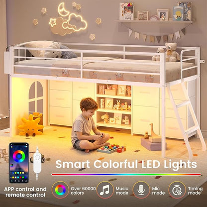 Twin Low Loft Bed with 10 Storage Drawers and LED Lights, Loft Bed Twin Size for Kids with Bookcase, Metal Kids Loft Bed Frames with Safety Guardrail, Inclined Ladder&Play Curtain,Spave Saving,White