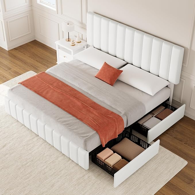 IDEALHOUSE Queen Size Bed Frame with 4 Storage Drawers, PU Leather Upholstered Platform Bed Frame, Adjustable Height Headboard, No Box Spring Needed, Easy to Assembly, White
