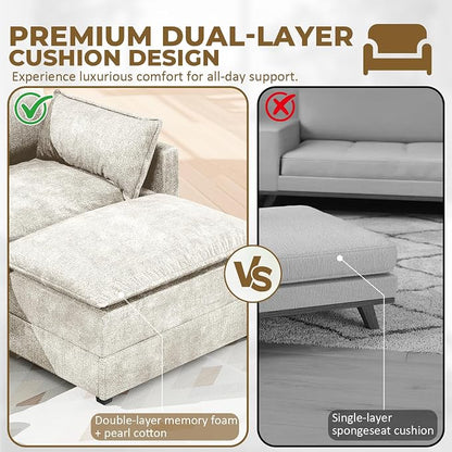 LEVELEVE 112.5" L-Shape Modular Sofa with 1 Ottomans, Deep Seat Cloud Convertible Sleeper, 3 Throw 2 Arm Pillows, Comfortable Upholstered Furniture for Living Room Apartment, Beige