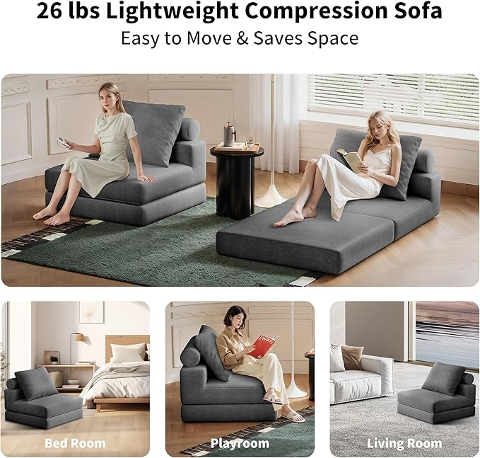 Folding Sofa Bed, 3-in-1 Convertible Sleeper Chair Bed with Pillows, Foldable Floor Couch with High-Density Foam, Futon Small Boneless Couch for Living Room Bedroom Lounge, Single, Gray
