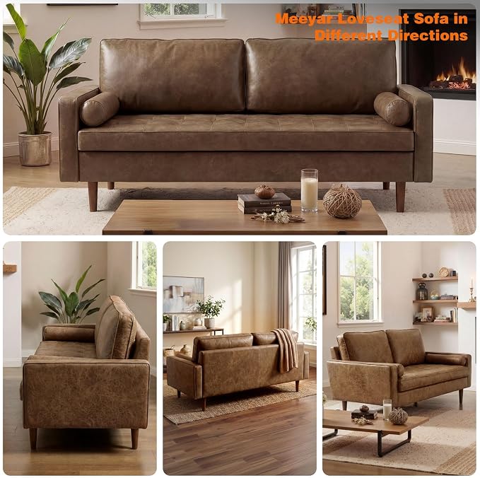 70" Mid-Century Modern Sofa Couch – Faux Leather Loveseat Sofa with Deep Seat & Solid Wood Frame – Includes 2 Accent Pillows –Dark Brown Living Room Bedroom Office