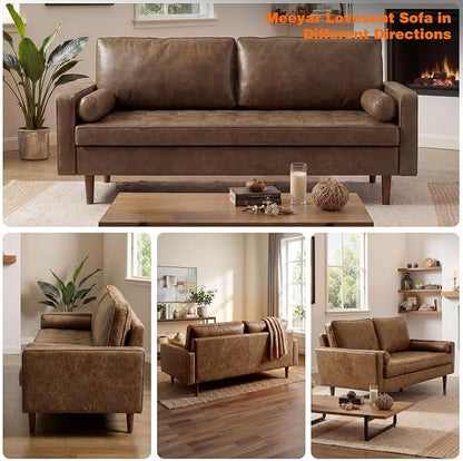 70" Mid-Century Modern Sofa Couch – Faux Leather Loveseat Sofa with Deep Seat & Solid Wood Frame – Includes 2 Accent Pillows –Dark Brown Living Room Bedroom Office