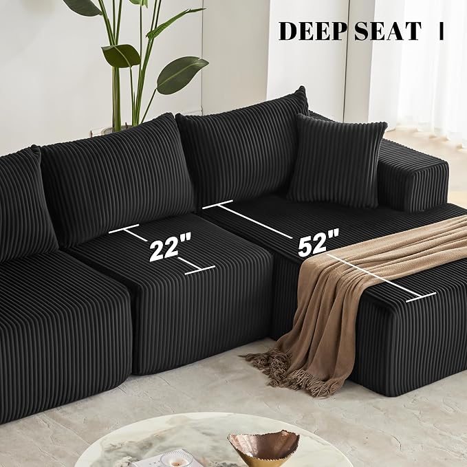 108” Modular Sectional Sofa, Cloud Sectional Couch with Deep Seat, Modern Modular L-Shape Sofa Couch with Chaise,Upholstered Boneless Couches for Living Room Bedroom (Black, Right Facing Chaise)